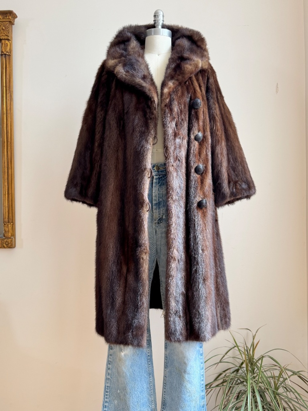 Vintage Brown Muskrat Fur Coat Knee Length with Notch Collar Made in Canada